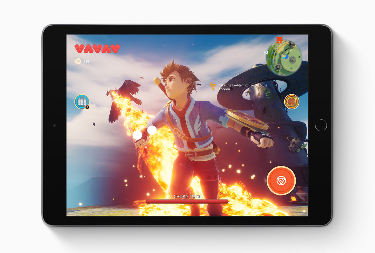 iPad 7th generation (2019), Space Gray, landscape front view showing Apple Arcade