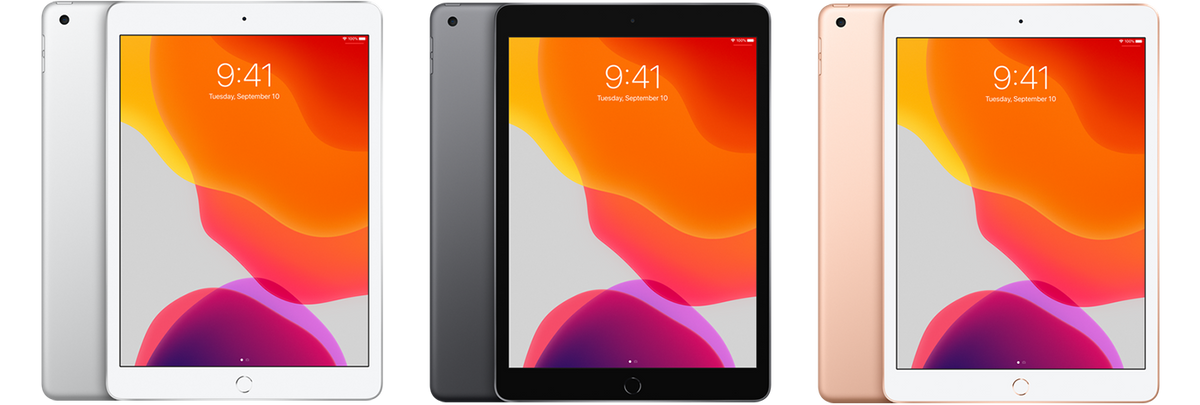 iPad 7th generation (2019), Wi-Fi model, front and rear views in Silver, Space Gray and Gold