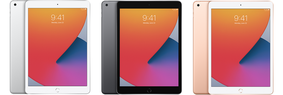 iPad 8th generation (2020), Wi-Fi model, front and rear views in Silver, Space Gray and Gold