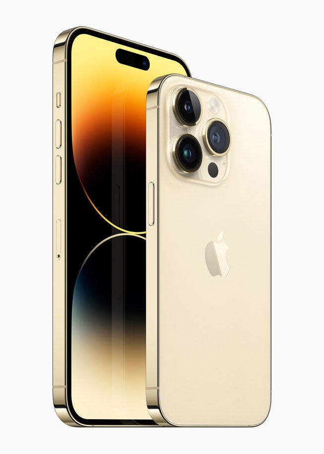 Apple iPhone 14 Pro series in Gold, front and rear manufacturer views