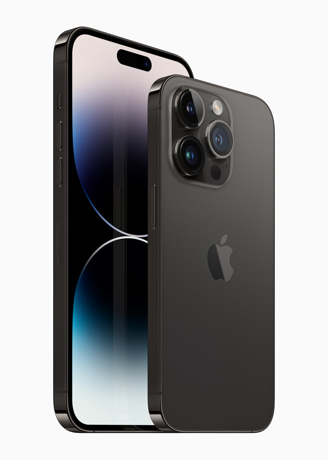 Apple iPhone 14 Pro series in Space Black, front and rear manufacturer views