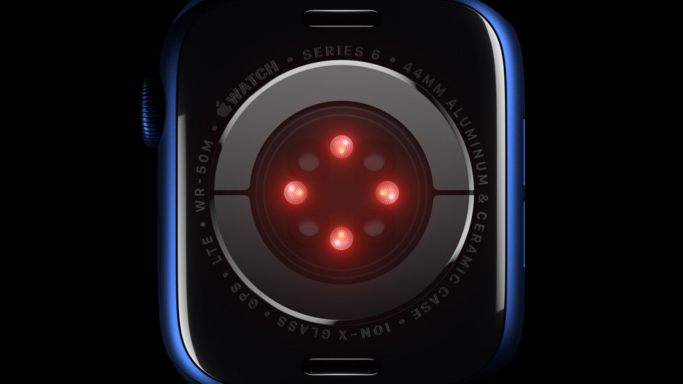 Apple Watch Series 6, Blue aluminium 44mm GPS + Cellular model, rear sensor detail
