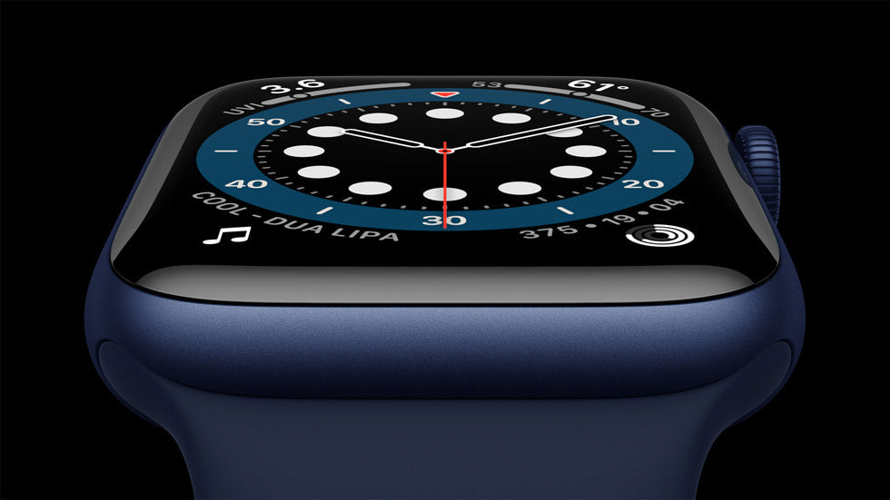 Apple Watch Series 6, Blue aluminium case and Digital Crown close-up