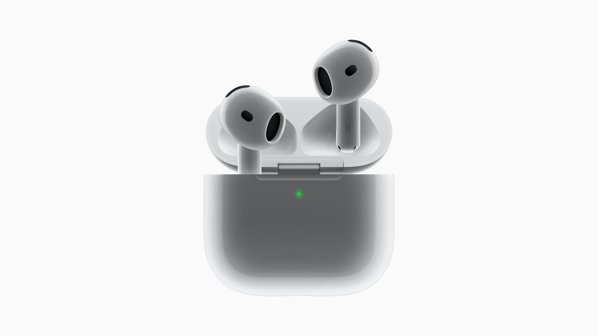 Apple AirPods 4 earbuds in their open charging case, front view
