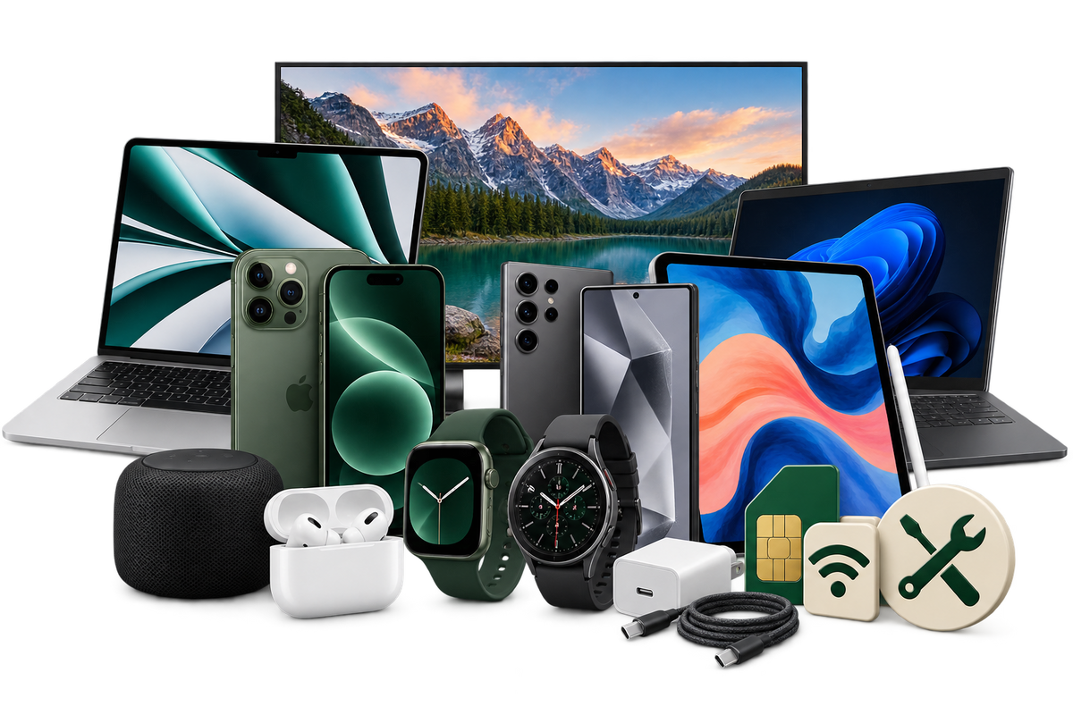 The Tech Square range of phones, computers, tablets, watches and accessories, with SIM, Wi-Fi and repair symbols.