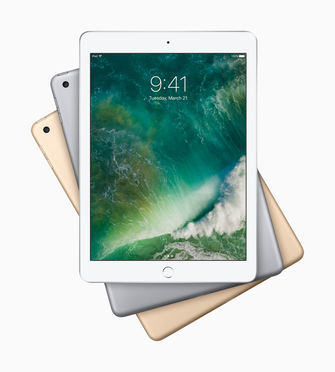 iPad 5th generation (2017), Wi-Fi — front display and Silver, Space Gray and Gold finishes
