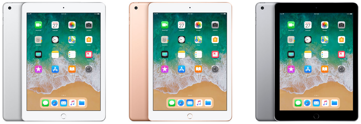 iPad 6th generation (2018), Wi-Fi model, front and rear views in Silver, Gold and Space Gray
