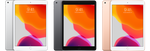 iPad 7th generation (2019), Wi-Fi model, front and rear views in Silver, Space Gray and Gold