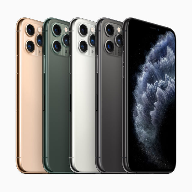 Apple iPhone 11 Pro in Gold, Midnight Green, Silver and Space Gray, front and rear views
