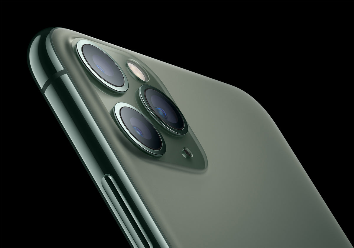 Apple iPhone 11 Pro in Midnight Green, matte glass back and triple-camera close-up