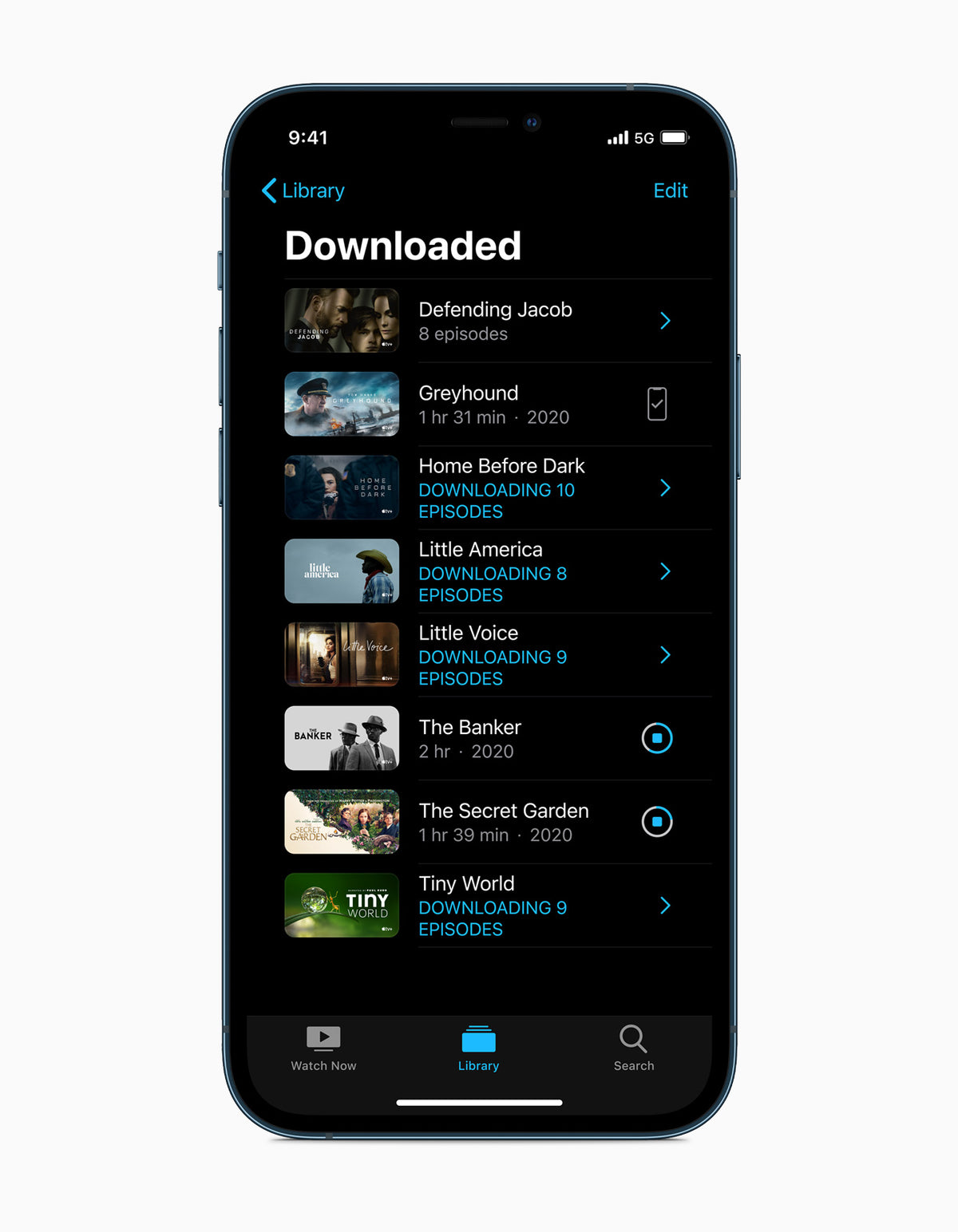 Apple iPhone 12 Pro in Pacific Blue, front view showing the TV app