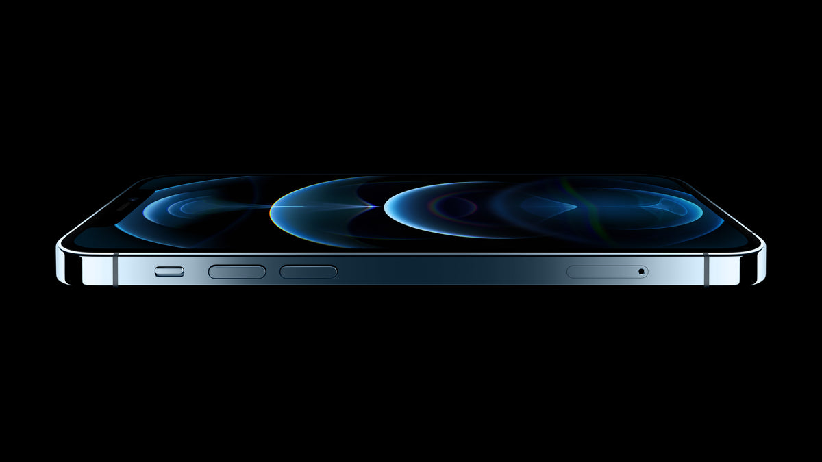 Apple iPhone 12 Pro in Pacific Blue, side view with volume buttons and SIM tray