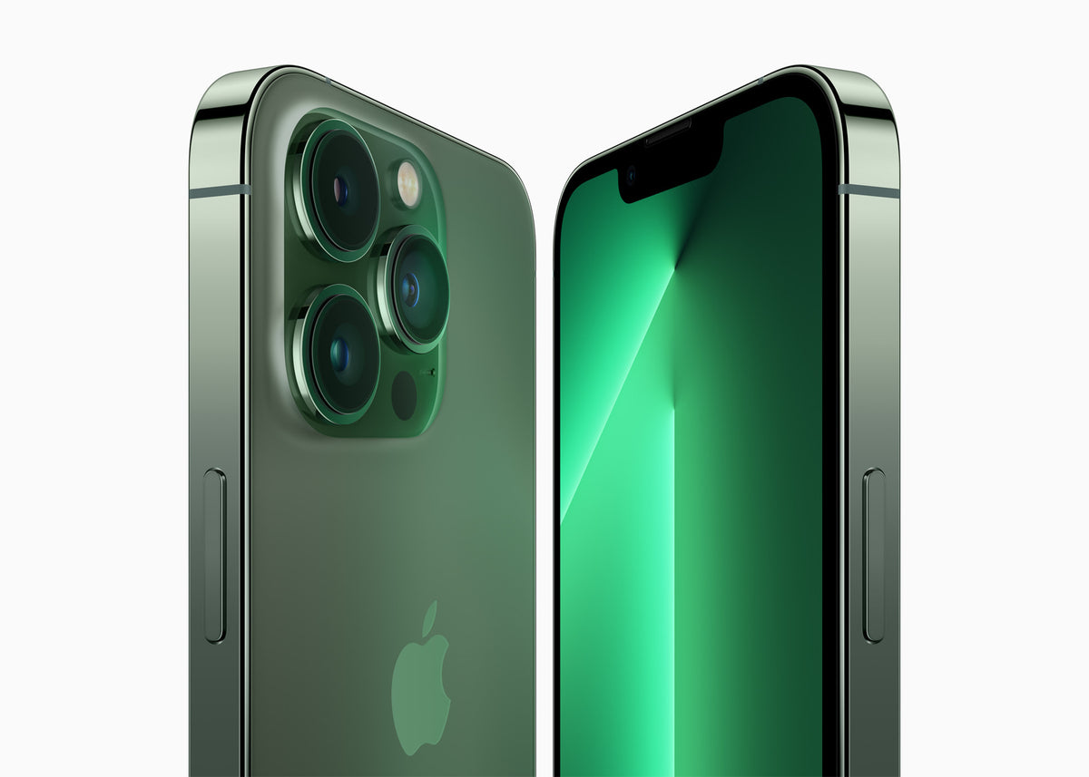 Apple iPhone 13 Pro in Alpine Green, front and rear camera detail