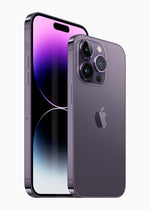 Apple iPhone 14 Pro series in Deep Purple, front and rear manufacturer views