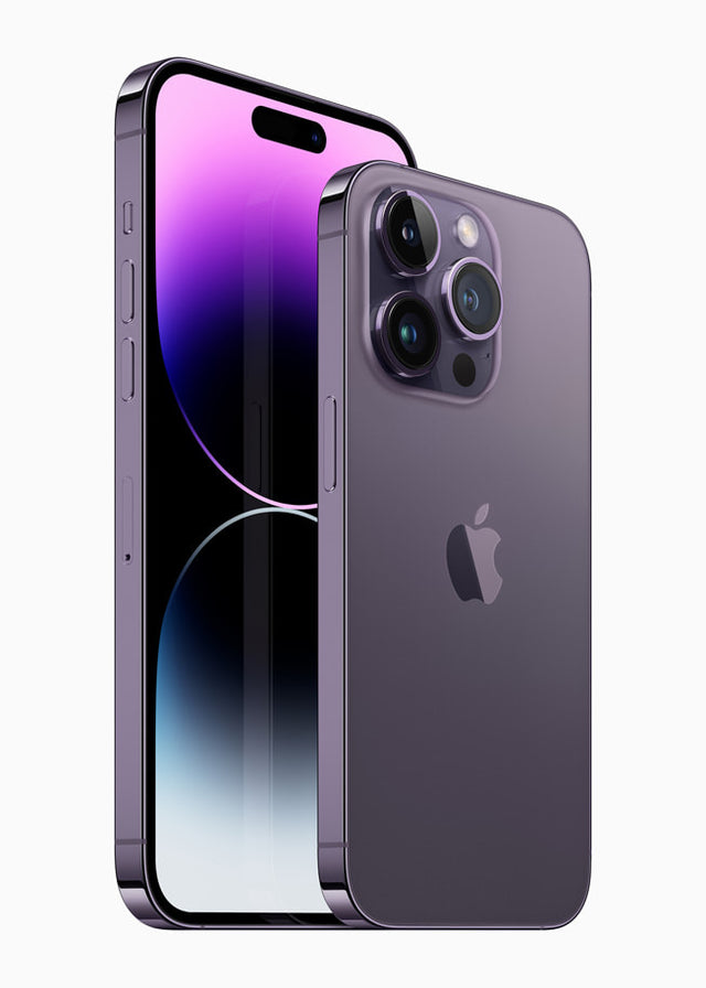 Apple iPhone 14 Pro series in Deep Purple, front and rear manufacturer views