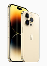 Apple iPhone 14 Pro series in Gold, front and rear manufacturer views
