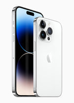 Apple iPhone 14 Pro series in Silver, front and rear manufacturer views
