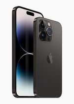 Apple iPhone 14 Pro series in Space Black, front and rear manufacturer views