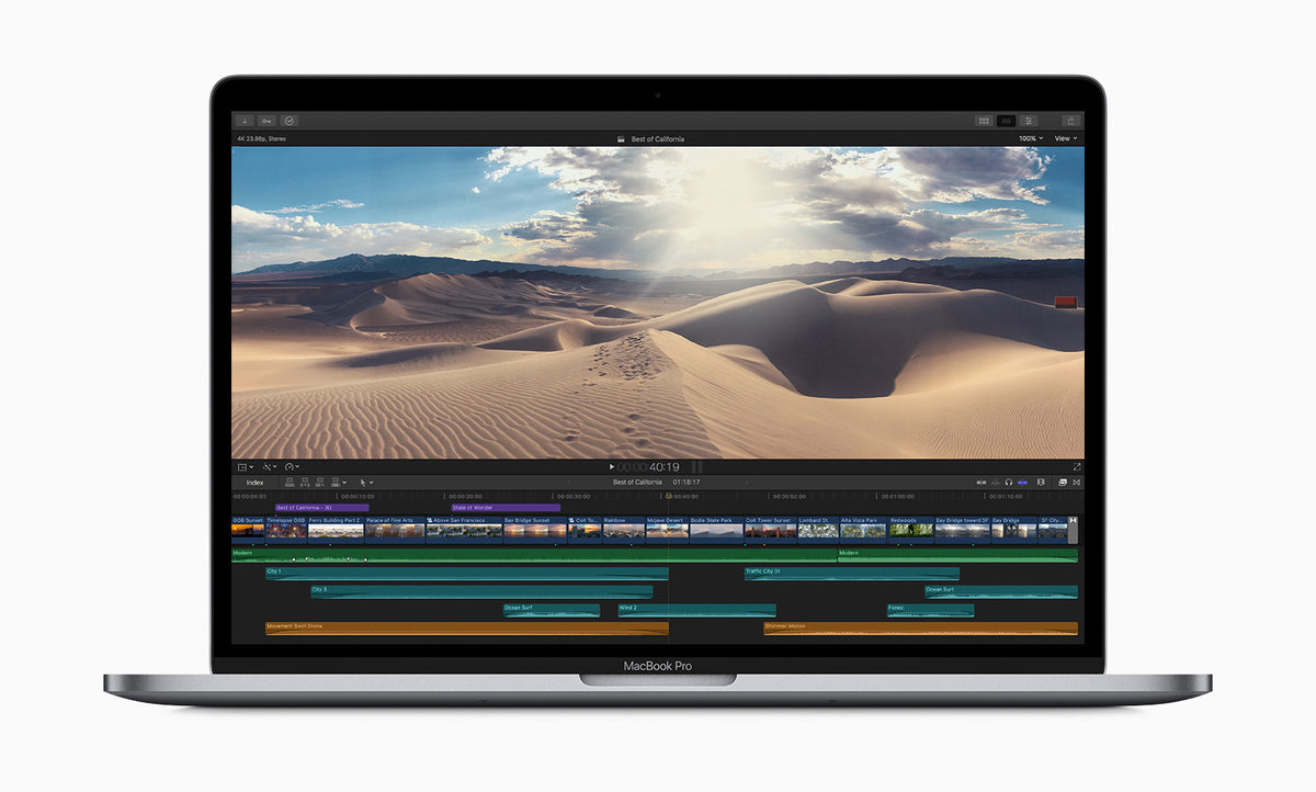 MacBook Pro 15-inch Intel (2019), front view showing a video-editing workspace