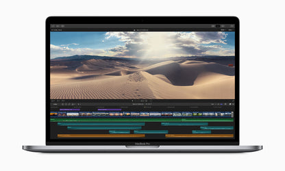 MacBook Pro 15-inch Intel (2019), front view showing a video-editing workspace