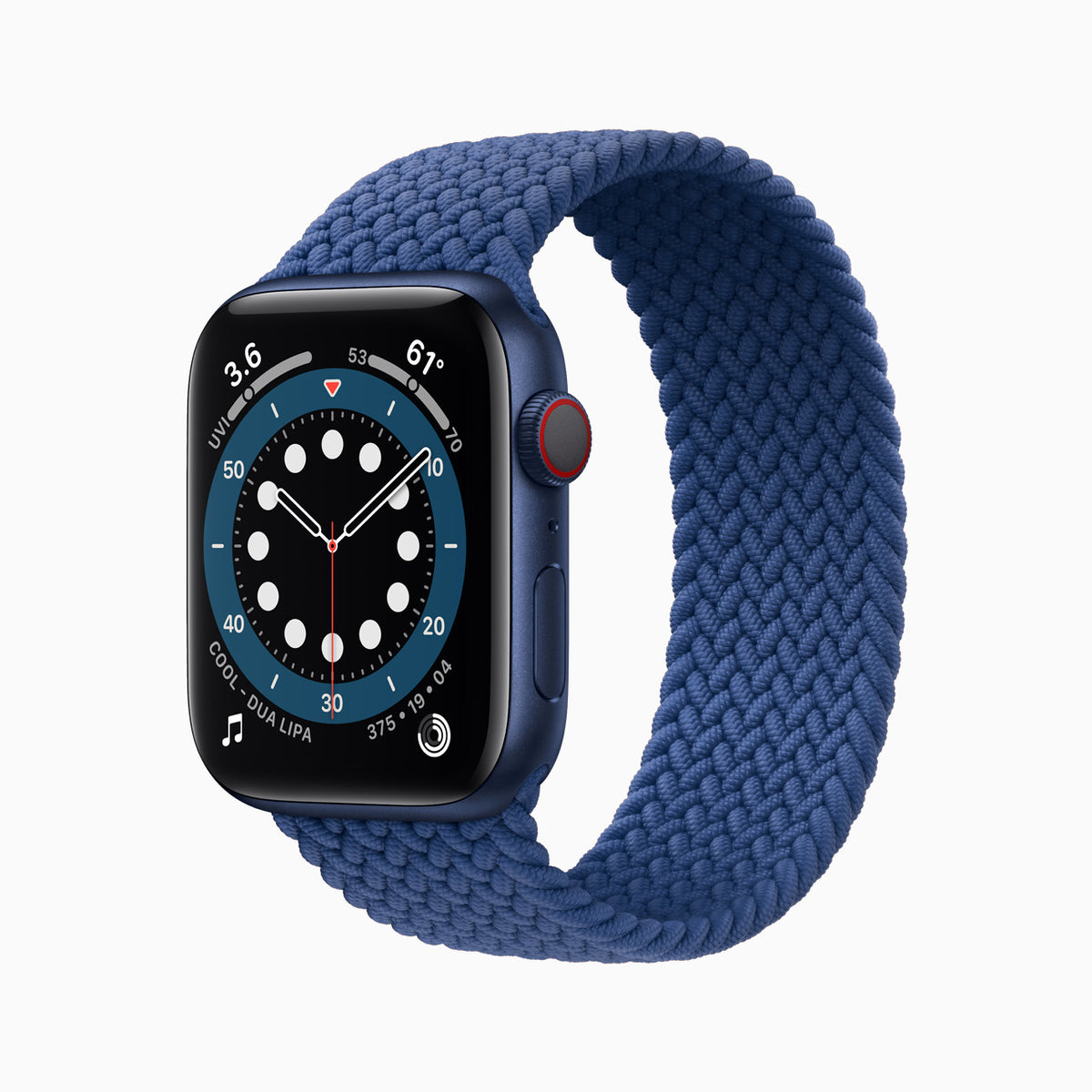 Apple Watch Series 6 in Blue aluminium — front and Digital Crown view, manufacturer band shown