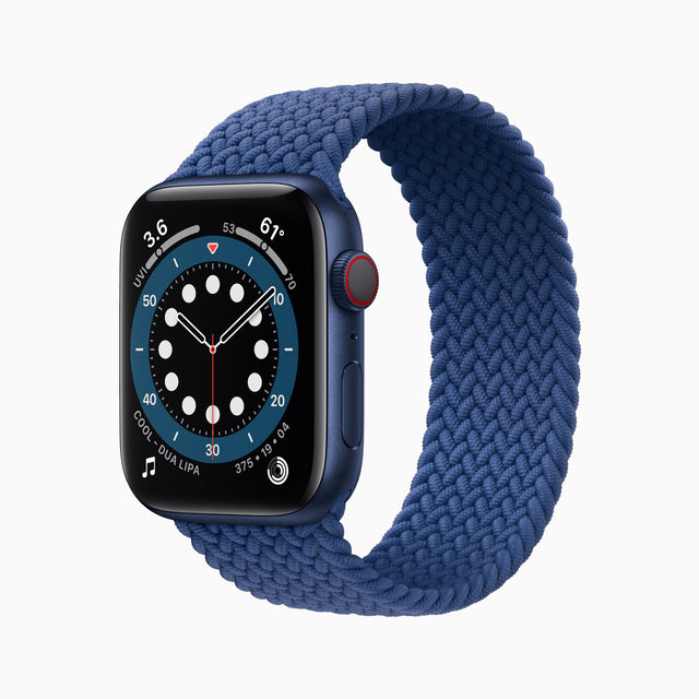 Apple Watch Series 6 in Blue aluminium — front and Digital Crown view, manufacturer band shown